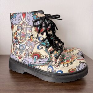 Yes We Vibe Mandala & Hamsa Hand Print Vegan Moto Boots
